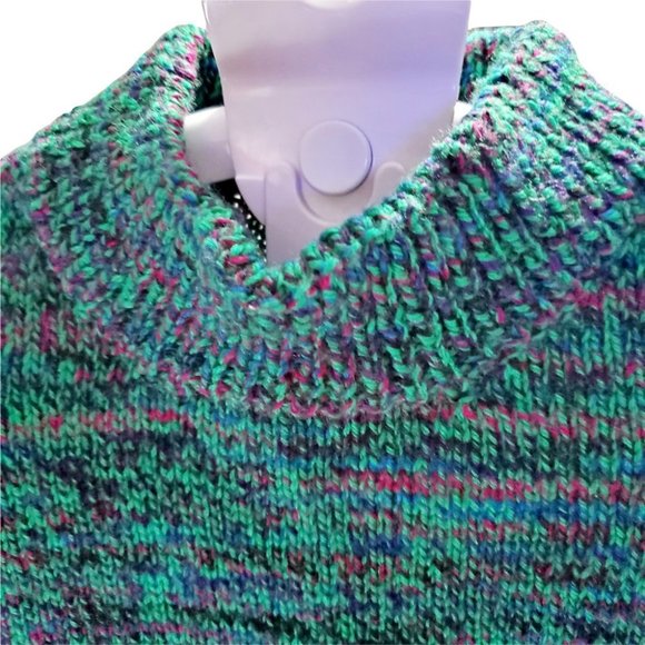 Vintage 90's Fair isle Chunky knit Green-Black Retro Fisherman Mock Neck Sweater - Picture 4 of 7